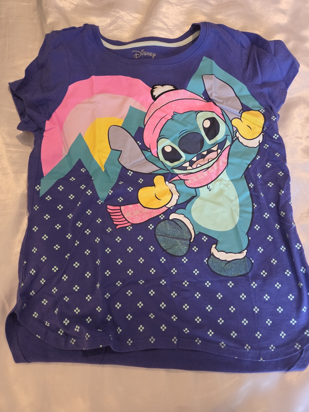 Disney Stitch Winter Holiday Graphic T-Shirt Girls XL 14/16 Blue Glitter